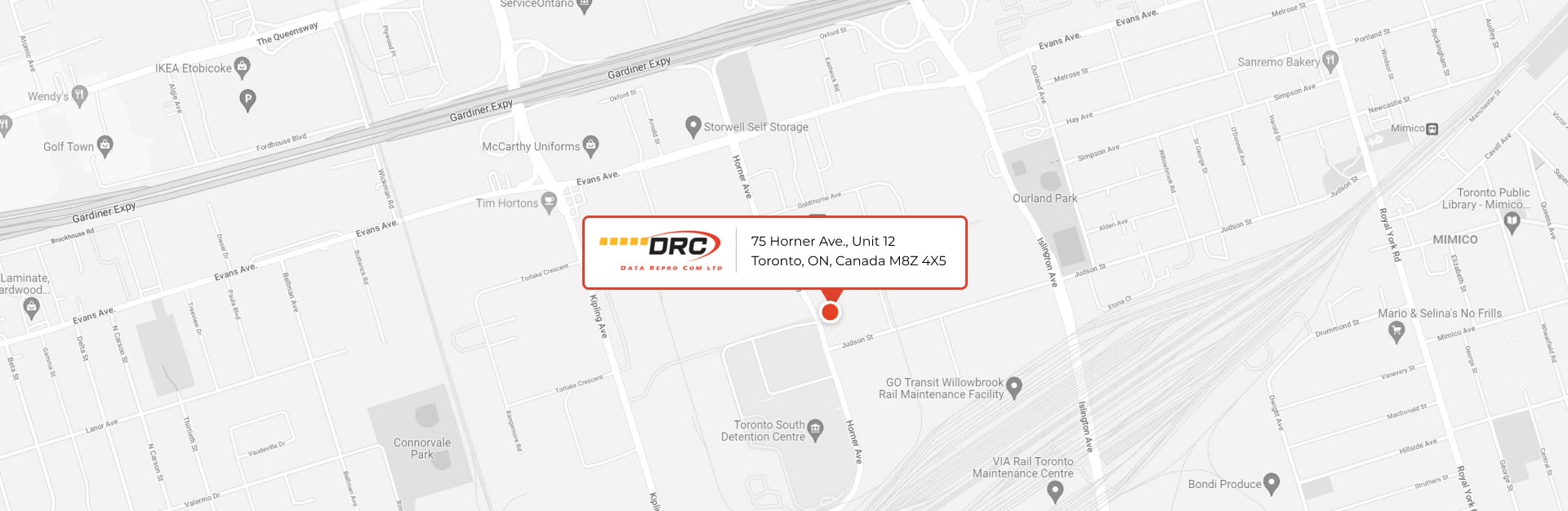 Map of DRC’s location at 75 Horner Ave., Toronto — opens Google Maps
