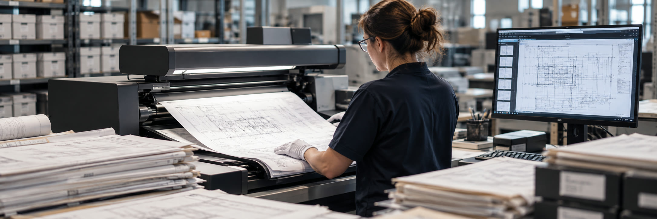 A technician feeding a large drawing through a wide-format scanner
